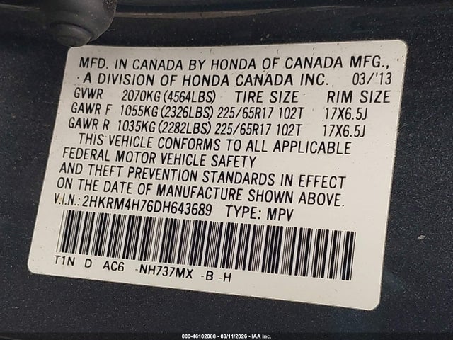 Продаж на аукціоні авто 2013 Honda Cr-v Ex-l, vin: 2HKRM4H76DH643689, номер лоту: 46102088