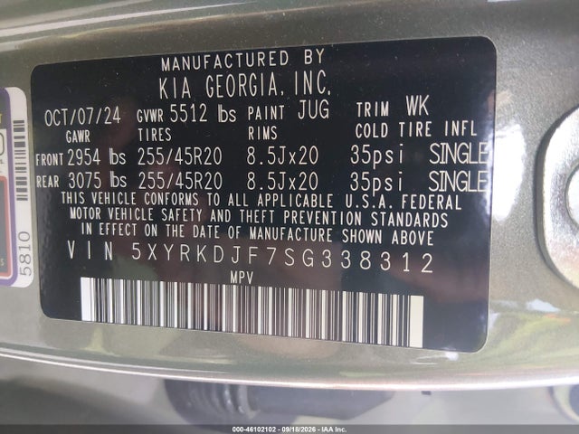 46102102 :رقم المزاد ، 5XYRKDJF7SG338312 vin ، 2025 Kia Sorento X-line Sx مزاد بيع