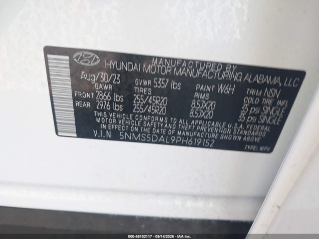2023 Hyundai Santa Fe Calligraphy მანქანა იყიდება აუქციონზე, vin: 5NMS5DAL9PH619152, აუქციონის ნომერი: 46102117