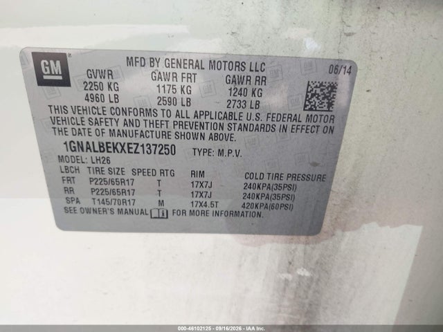 46102125 :رقم المزاد ، 1GNALBEKXEZ137250 vin ، 2014 Chevrolet Equinox 1lt مزاد بيع