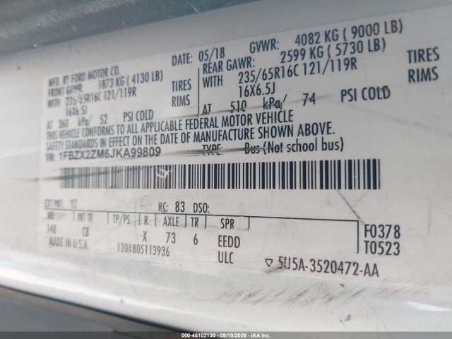 Aukcja sprzedaży 2018 Ford Transit-350 Xl, vin: 1FBZX2ZM6JKA99809, numer aukcji: 46102130