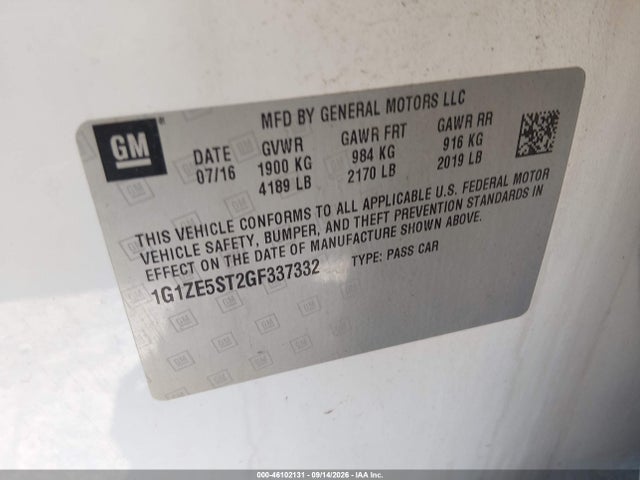 2016 Chevrolet Malibu 1lt მანქანა იყიდება აუქციონზე, vin: 1G1ZE5ST2GF337332, აუქციონის ნომერი: 46102131
