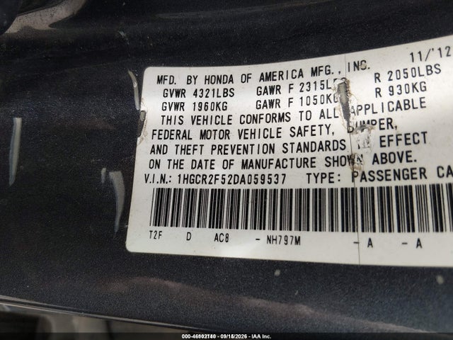 2013 Honda Accord Sport მანქანა იყიდება აუქციონზე, vin: 1HGCR2F52DA059537, აუქციონის ნომერი: 46102140