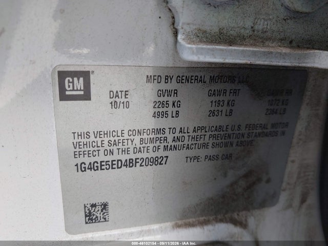 2011 Buick Lacrosse Cxs მანქანა იყიდება აუქციონზე, vin: 1G4GE5ED4BF209827, აუქციონის ნომერი: 46102154