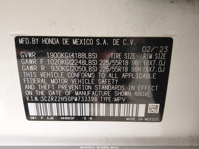 3CZRZ2H50PM733398 Honda Hr-v Awd Sport