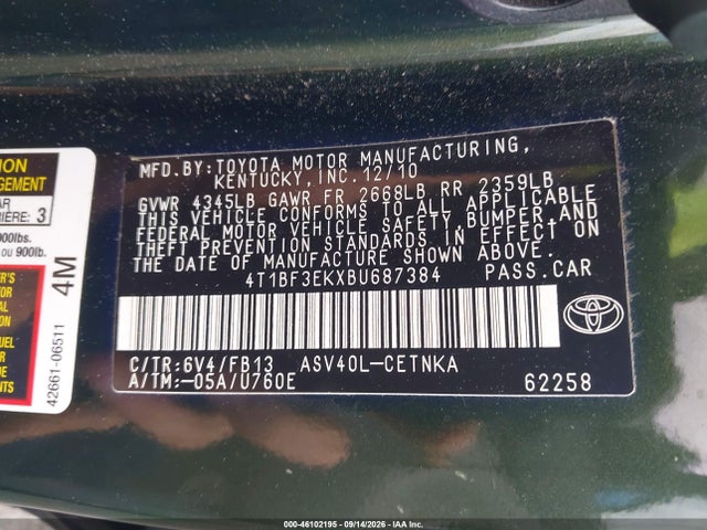 2011 Toyota Camry Le მანქანა იყიდება აუქციონზე, vin: 4T1BF3EKXBU687384, აუქციონის ნომერი: 46102195