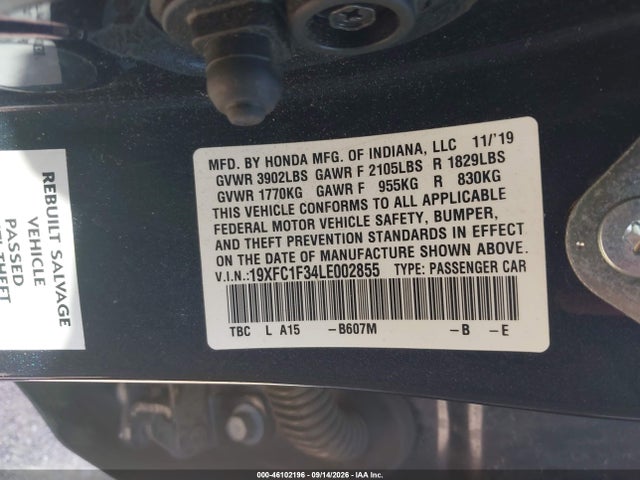 2020 Honda Civic Ex მანქანა იყიდება აუქციონზე, vin: 19XFC1F34LE002855, აუქციონის ნომერი: 46102196