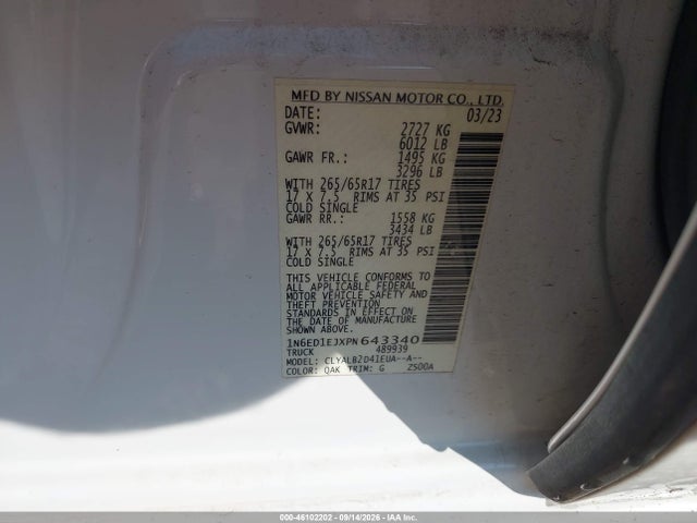Продаж на аукціоні авто 2023 Nissan Frontier Sv 4x2, vin: 1N6ED1EJXPN643340, номер лоту: 46102202