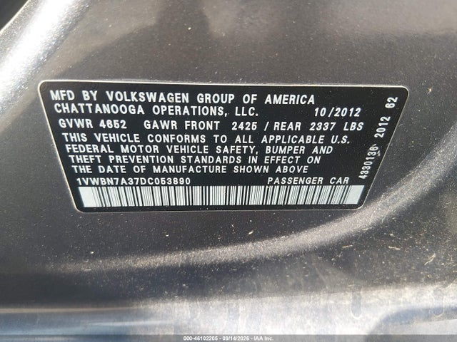 Продажа на аукционе авто 2013 Volkswagen Passat 2.0l Tdi Se, vin: 1VWBN7A37DC053890, номер лота: 46102205