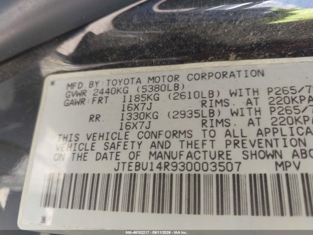 Aukcja sprzedaży 2003 Toyota 4runner Sr5 V6, vin: JTEBU14R930003507, numer aukcji: 46102217