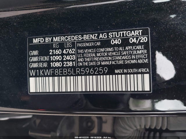 46102225 :رقم المزاد ، W1KWF8EB5LR596259 vin ، 2020 Mercedes-benz C 300 4matic مزاد بيع