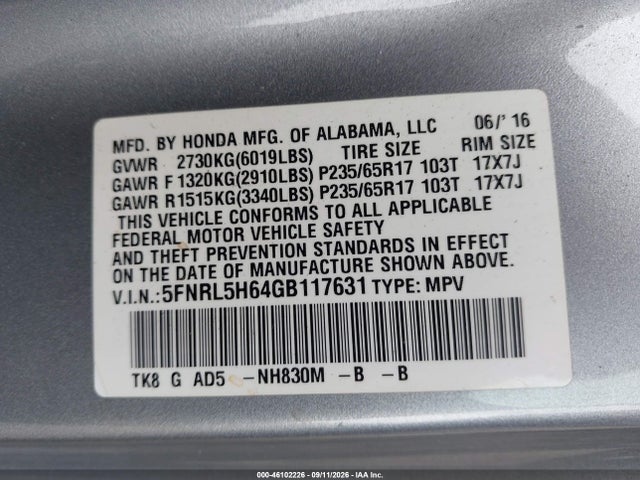 Продажа на аукционе авто 2016 Honda Odyssey Ex-l, vin: 5FNRL5H64GB117631, номер лота: 46102226