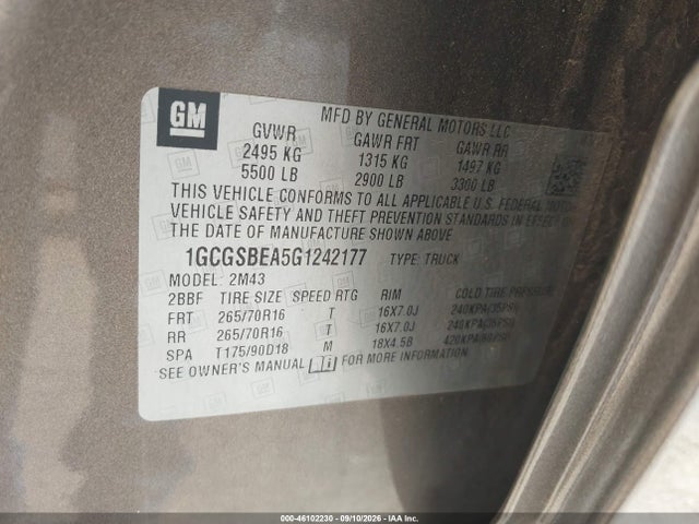 46102230 :رقم المزاد ، 1GCGSBEA5G1242177 vin ، 2016 Chevrolet Colorado Wt مزاد بيع
