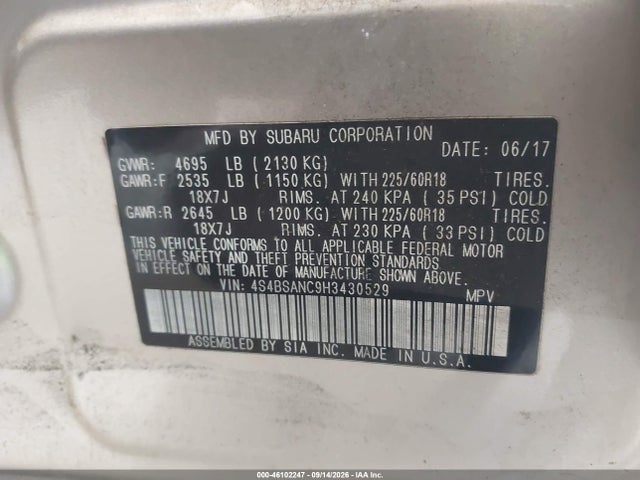 Продажа на аукционе авто 2017 Subaru Outback 2.5i Limited, vin: 4S4BSANC9H3430529, номер лота: 46102247