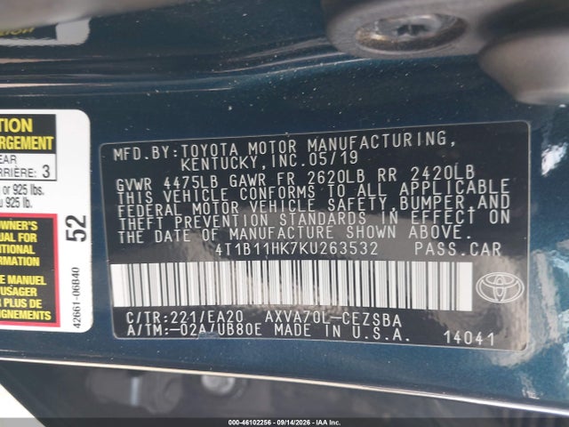 46102256 :رقم المزاد ، 4T1B11HK7KU263532 vin ، 2019 Toyota Camry Se مزاد بيع