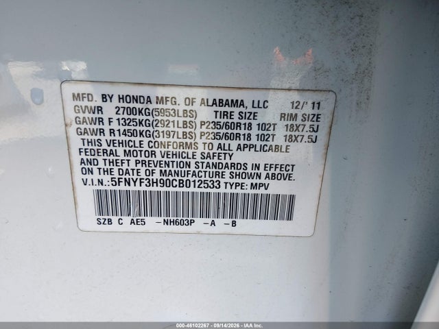 Продажа на аукционе авто 2012 Honda Pilot Touring, vin: 5FNYF3H90CB012533, номер лота: 46102267