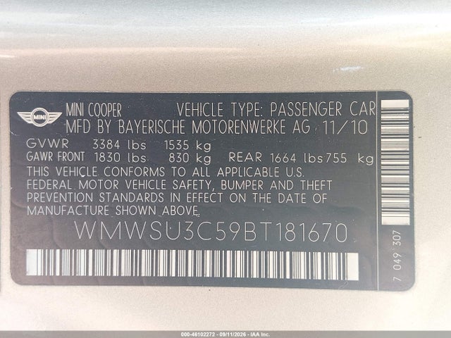 46102272 :رقم المزاد ، WMWSU3C59BT181670 vin ، 2011 Mini Cooper مزاد بيع
