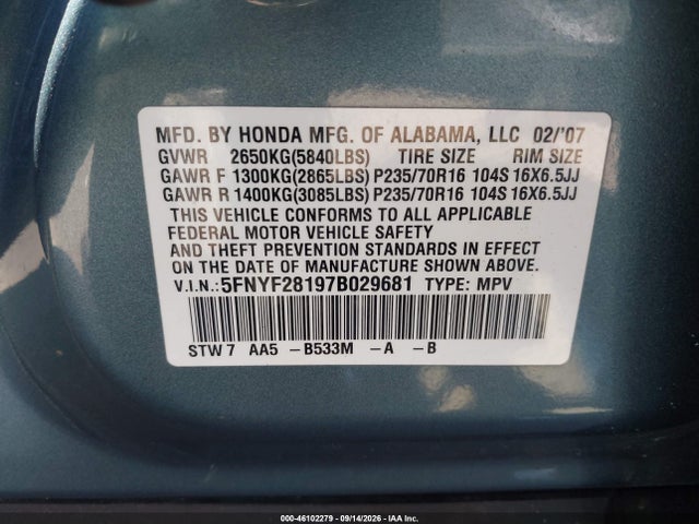 Aukcja sprzedaży 2007 Honda Pilot Lx, vin: 5FNYF28197B029681, numer aukcji: 46102279