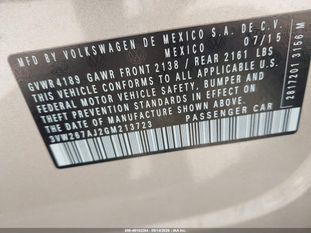 2016 Volkswagen Jetta 1.4t S მანქანა იყიდება აუქციონზე, vin: 3VW267AJ2GM213723, აუქციონის ნომერი: 46102284