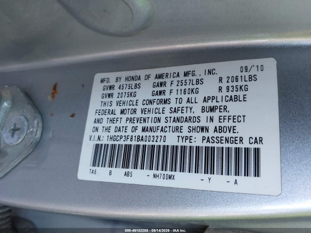 46102288 :رقم المزاد ، 1HGCP3F81BA003270 vin ، 2011 Honda Accord 3.5 Ex-l مزاد بيع