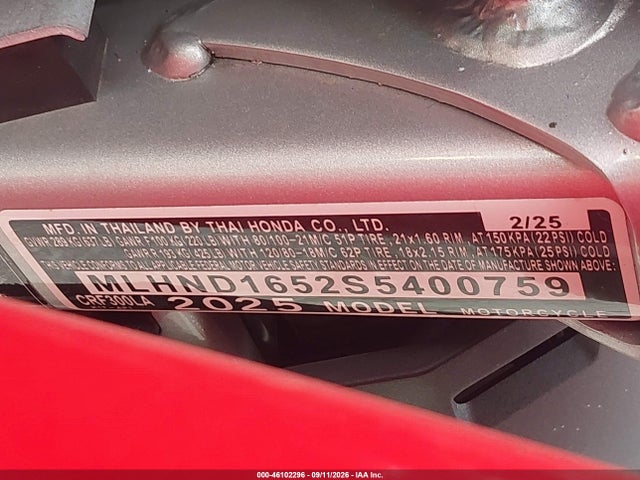 2025 Honda Crf300 La მანქანა იყიდება აუქციონზე, vin: MLHND1652S5400759, აუქციონის ნომერი: 46102296