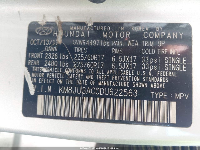 Aukcja sprzedaży 2013 Hyundai Tucson Gls, vin: KM8JU3AC0DU622563, numer aukcji: 46102305