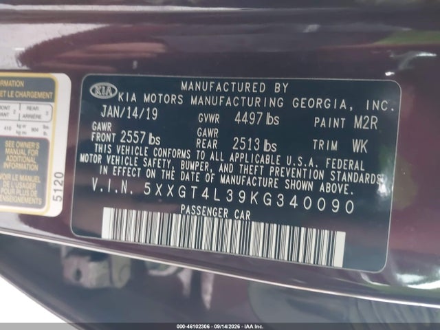 2019 Kia Optima Lx მანქანა იყიდება აუქციონზე, vin: 5XXGT4L39KG340090, აუქციონის ნომერი: 46102306
