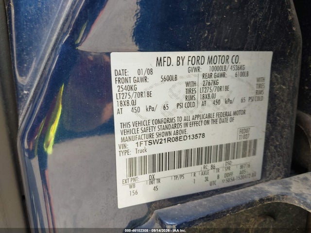 Продаж на аукціоні авто 2008 Ford F-250 Fx4/harley-davidson/king Ranch/lariat/xl/xlt, vin: 1FTSW21R08ED13578, номер лоту: 46102308