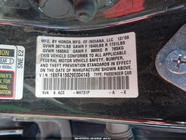 46102312 :رقم المزاد ، 19XFA15629E004145 vin ، 2009 Honda Civic Lx-s مزاد بيع