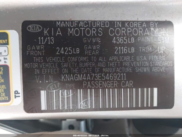 2014 Kia Optima Lx მანქანა იყიდება აუქციონზე, vin: KNAGM4A73E5469211, აუქციონის ნომერი: 46102324
