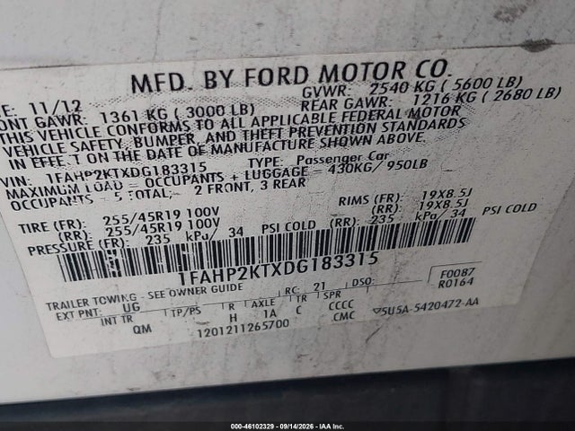 46102329 :رقم المزاد ، 1FAHP2KTXDG183315 vin ، 2013 Ford Taurus Sho مزاد بيع