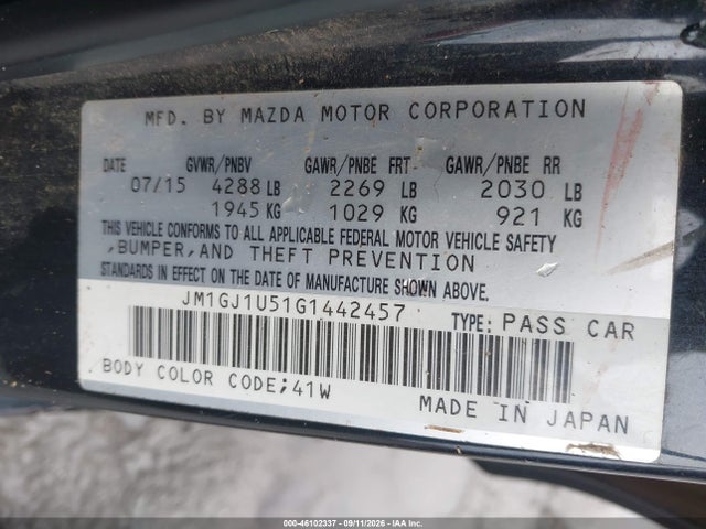 46102337 :رقم المزاد ، JM1GJ1U51G1442457 vin ، 2016 Mazda Mazda6 I Sport مزاد بيع