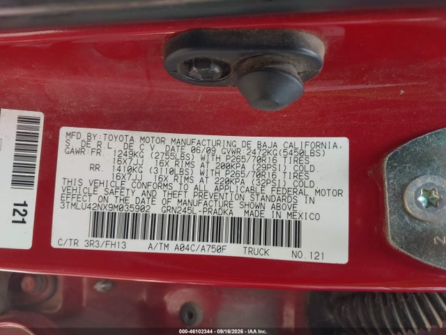 Продажа на аукционе авто 2009 Toyota Tacoma Base V6, vin: 3TMLU42NX9M035902, номер лота: 46102344