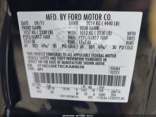 Aukcja sprzedaży 2012 Ford Escape Limited, vin: 1FMCU0E78CKA89036, numer aukcji: 46102346