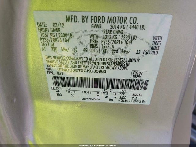 2012 Ford Escape Limited მანქანა იყიდება აუქციონზე, vin: 1FMCU0E70CKC35963, აუქციონის ნომერი: 46102354
