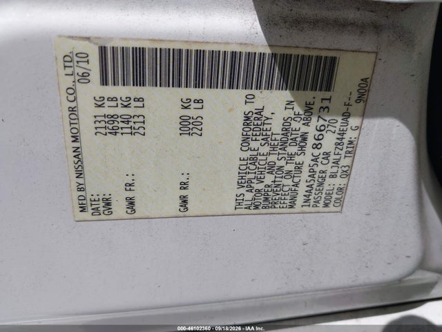 46102360 :رقم المزاد ، 1N4AA5AP5AC866731 vin ، 2010 Nissan Maxima 3.5 Sv مزاد بيع