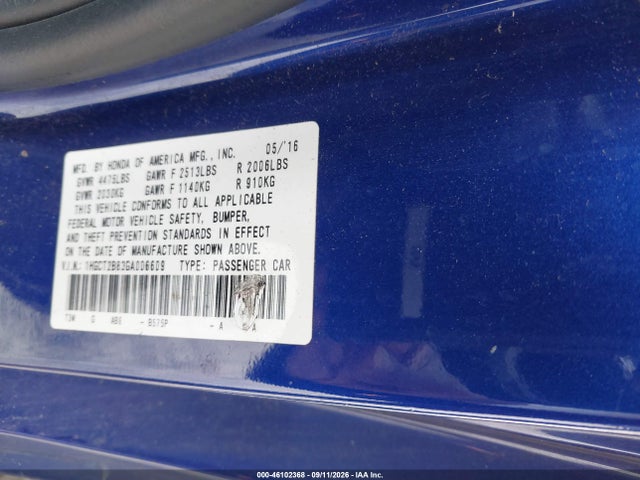 46102368 :رقم المزاد ، 1HGCT2B83GA006609 vin ، 2016 Honda Accord Ex-l V-6 مزاد بيع