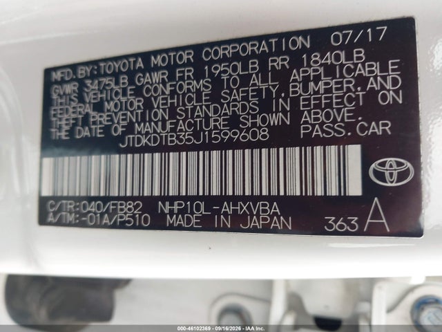 Продажа на аукционе авто 2018 Toyota Prius C Two, vin: JTDKDTB35J1599608, номер лота: 46102369