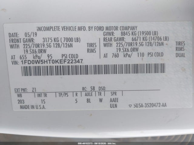 Продажа на аукционе авто 2019 Ford F-550 Chassis Xl, vin: 1FD0W5HT0KEF22347, номер лота: 46102373