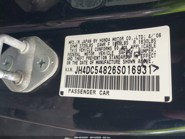 2006 Acura Rsx მანქანა იყიდება აუქციონზე, vin: JH4DC54826S016931, აუქციონის ნომერი: 46102381
