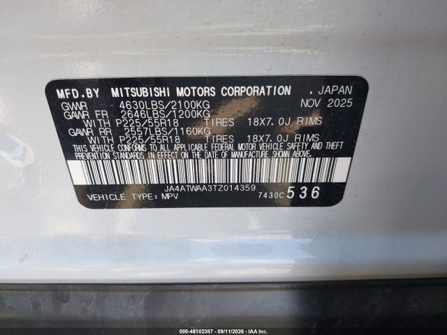 Aukcja sprzedaży 2026 Mitsubishi Eclipse Cross Black Edition S-awc/se S-awc/sel, vin: JA4ATWAA3TZ014359, numer aukcji: 46102387