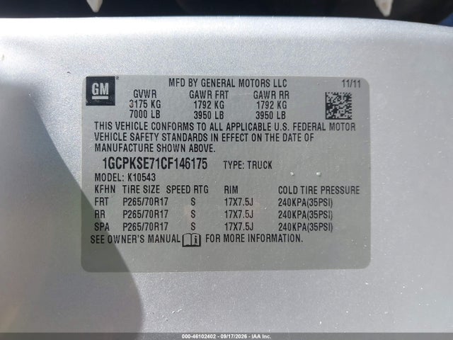 46102402 :رقم المزاد ، 1GCPKSE71CF146175 vin ، 2012 Chevrolet Silverado 1500 Lt مزاد بيع