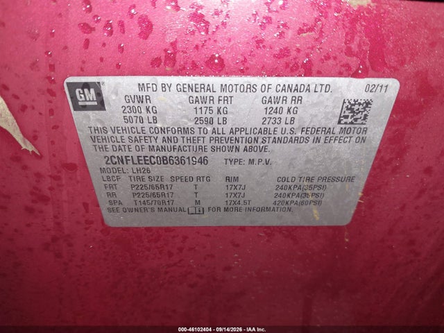 46102404 :رقم المزاد ، 2CNFLEEC0B6361946 vin ، 2011 Chevrolet Equinox 1lt مزاد بيع