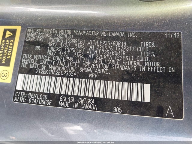 46102406 :رقم المزاد ، 2T2BK1BA2EC235541 vin ، 2014 Lexus Rx 350 مزاد بيع
