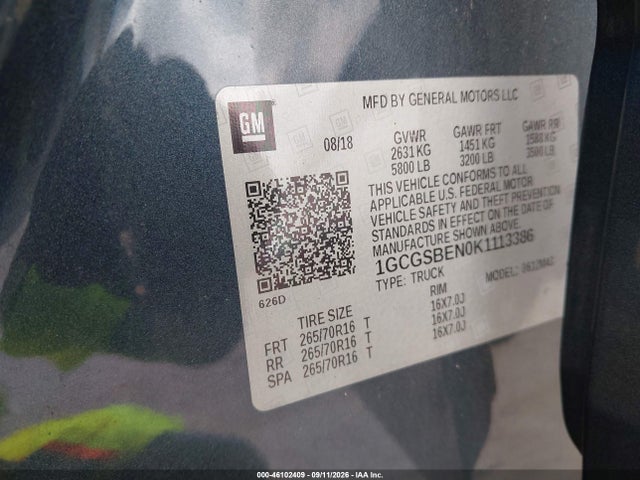 Aukcja sprzedaży 2019 Chevrolet Colorado Wt, vin: 1GCGSBEN0K1113386, numer aukcji: 46102409