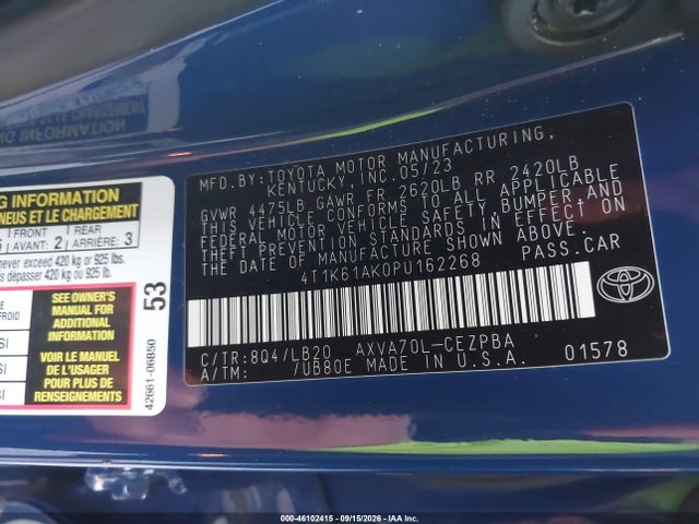46102415 :رقم المزاد ، 4T1K61AK0PU162268 vin ، 2023 Toyota Camry Xse مزاد بيع