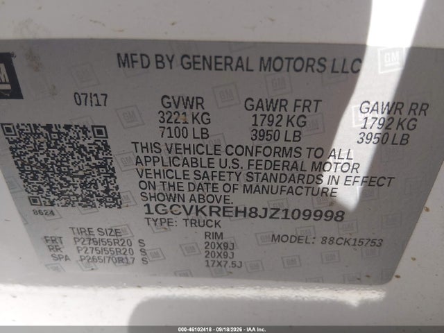 Продаж на аукціоні авто 2018 Chevrolet Silverado 1500 2lt, vin: 1GCVKREH8JZ109998, номер лоту: 46102418