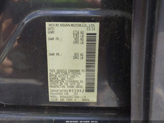 Продаж на аукціоні авто 2014 Nissan Sentra Fe+ S/fe+ Sv/s/sl/sr/sv, vin: 1N4AB7AP3EN855942, номер лоту: 46102432