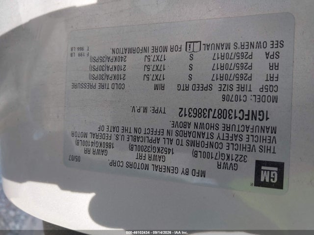 46102434 :رقم المزاد ، 1GNFC13087J386312 vin ، 2007 Chevrolet Tahoe Lt مزاد بيع