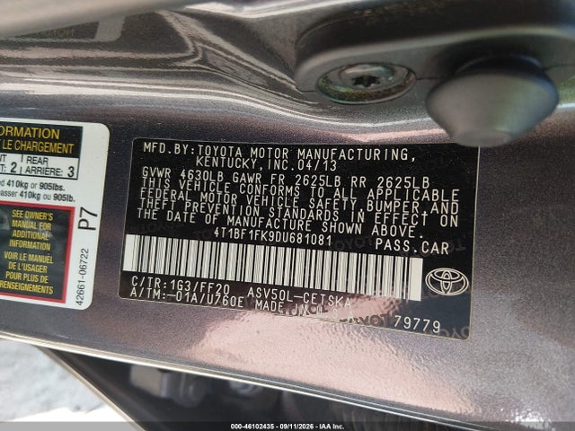Продажа на аукционе авто 2013 Toyota Camry Se, vin: 4T1BF1FK9DU681081, номер лота: 46102435